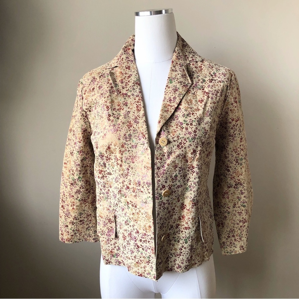 NWT Vintage Tan Suede Leather Boxy Jacket Ditzy Floral Print 7/8 - Picture 13 of 16